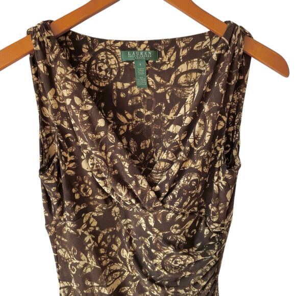Lauren Ralph Lauren Faux Wrap Sleeveless Dress Jersey Knit Cream Brown Size 4 - Picture 2 of 9